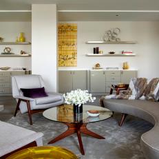 Midcentury Gray and Yellow Living Room With Glass Table