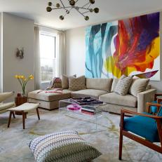Multicolor Midcentury Family Room With Rainbow Art