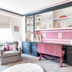 Contemporary Girl's Bedroom Featuring Deep Blue Built In Shelf and Raspberry Accents 