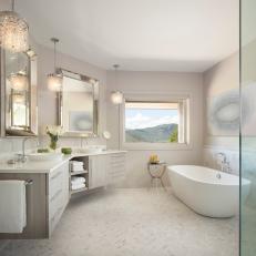 Neutral Master Bathroom with Beautiful View from Picture Window