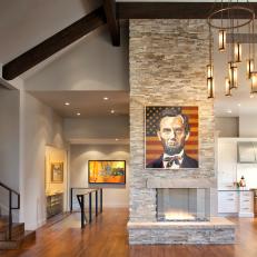 Abraham Lincoln Modern Art Hangs On Fireplace in Mountain Cabin