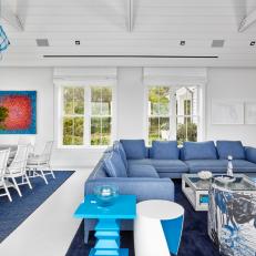 Blue and White Contemporary Great Room With Sectional