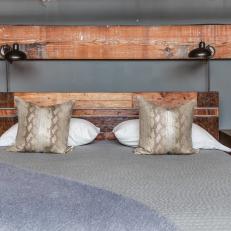 Gray Master Bedroom With Exposed Beam