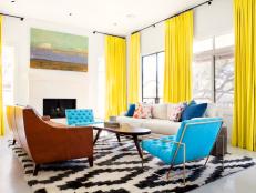 Midcentury Living Room With Yellow Curtains
