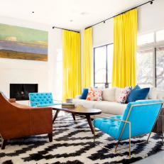 Midcentury Living Room With Yellow Curtains