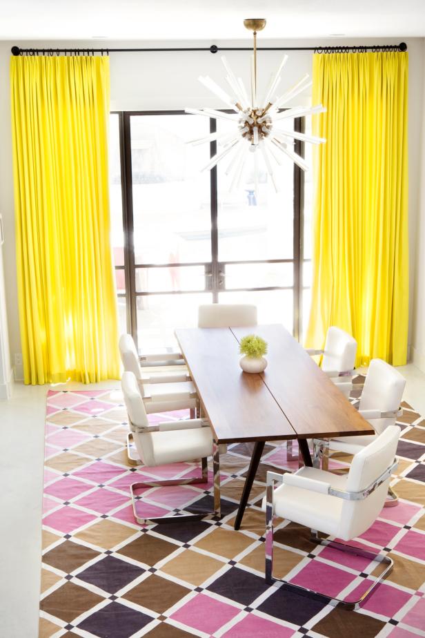 Multicolored Contemporary Dining Room, Yellow Dining Room Curtains
