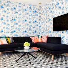 Poolhouse Sitting Room With Blue Wallpaper