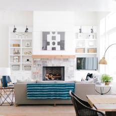 White Transitional Living Room With Blue Throw
