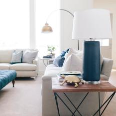 Neutral Transitional Living Room With Blue Lamp
