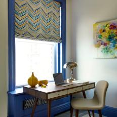 Desk, Blue Window and Striped Shade