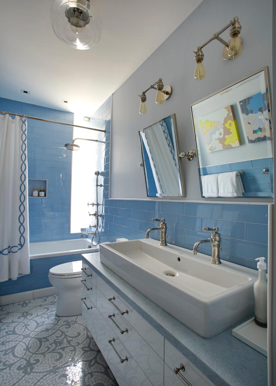 Blue Bathroom With Mosaic Tile Floor | HGTV