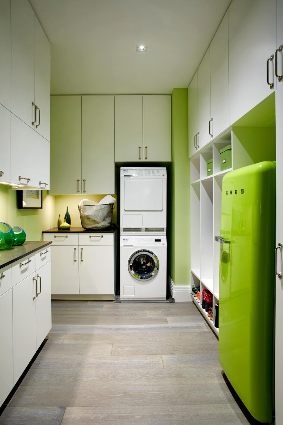 Green Laundry Room With Green Refrigerator | HGTV