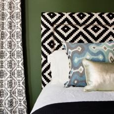Olive Green Bedroom With Black and White Headboard