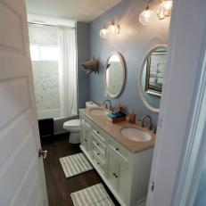 Contemporary Blue Master Bathroom with Double Vanity Sink