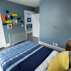 Contemporary Blue Bedroom with Lego Bookshelf