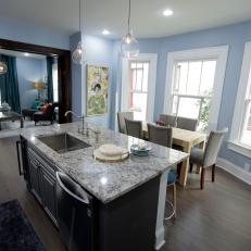 Blue Contemporary Kitchen with White Granite Countertops  