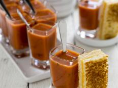 Grilled Cheese Sandwich Bites with Tomato Soup in Shot Glasses