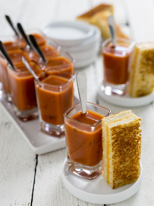 Grilled Cheese Sandwich Bites with Tomato Soup in Shot Glasses