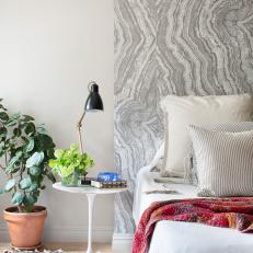 Eclectic Bedroom With Gray Wallpaper