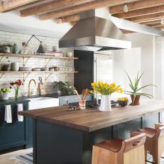 Transitional Open Kitchen With Wood Countertops