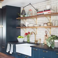 Transitional Blue and White Kitchen With Subway Tiles