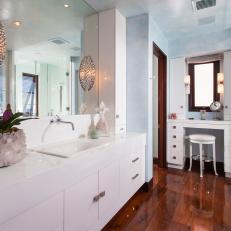 White Contemporary Master Bathroom With Glam Light Fixtures