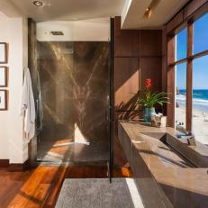 Neutral Contemporary Bathroom With Walk-In Shower and Ocean View