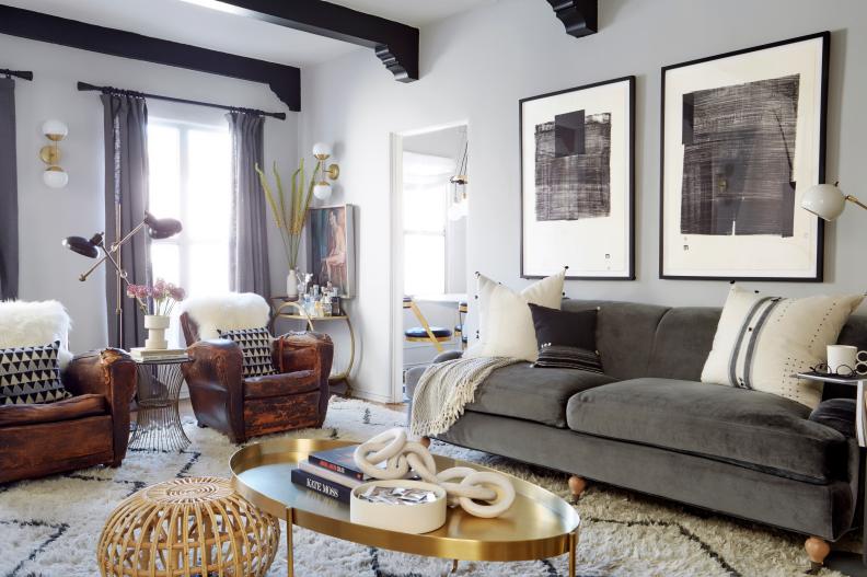 Eclectic Living Room With Gray Velvet Sofa