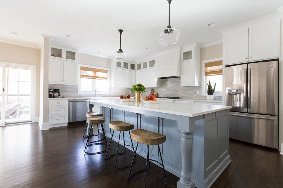 Powder Blue Island White Cabinetry And Dark Hardwood Floors In Transitional Kitchen Hgtv