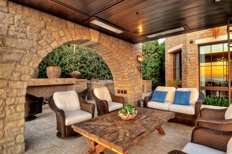 Durable and natural materials create a stunning entertainment space. 