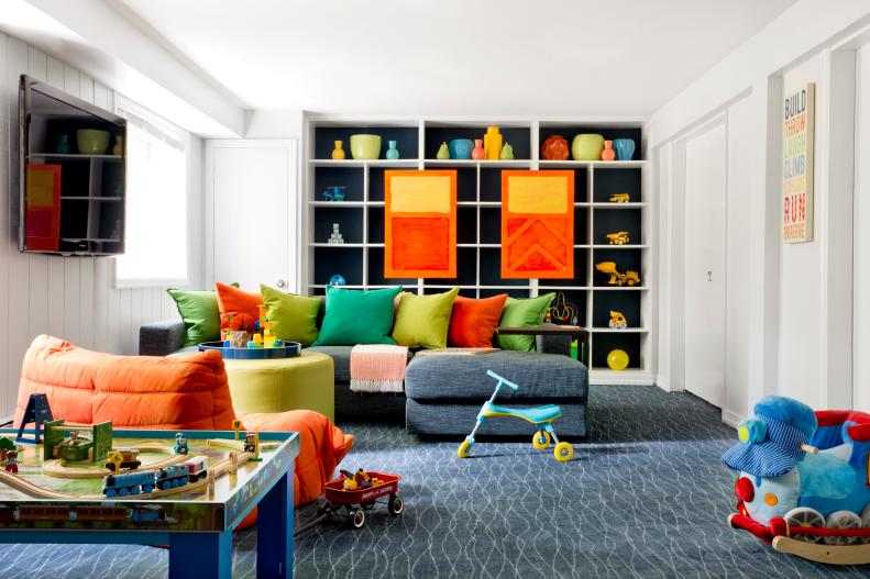 Yellow and Orange Accents in Blue Playroom 