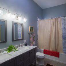 Contemporary Blue Master Bathroom with White Marble Double Vanity