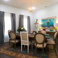 Contemporary Neutral Dining Room with Multicolored Patterned Rug
