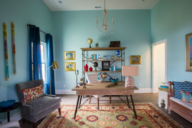 Blue Office with Neutral Wooden Desk 