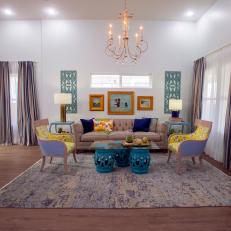 Contemporary Neutral Living Room with Gold Chandelier 