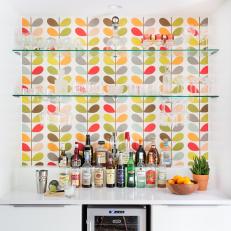 Glass Shelves With Colorful Midcentury Modern Wallpaper
