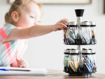 The whole family will appreciate a repurposed rotating spice rack. Everyone can easily find small items usually stuffed into junk drawers- like tacks, paperclips, rubber bands and batteries.