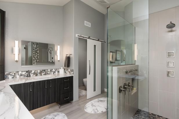 Contemporary Gray Master Bathroom With Glass Shower