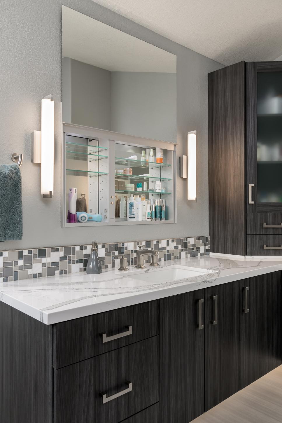 Stylish Gray Master Bathroom With Mosaic Tile Backsplash Hgtv