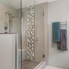 Glass Shower With Gray and White Mosaic Tile