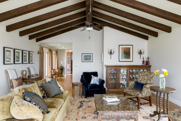 White Traditional Living Room With Exposed Ceiling Beams Hgtv