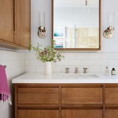 Contemporary Bathroom With Smooth Wood Cabinets and Drawers