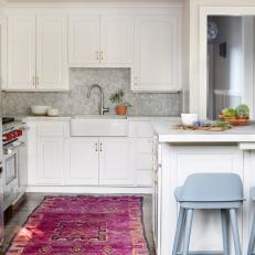Transitional Kitchen With Farmhouse Sink and Pink Rug