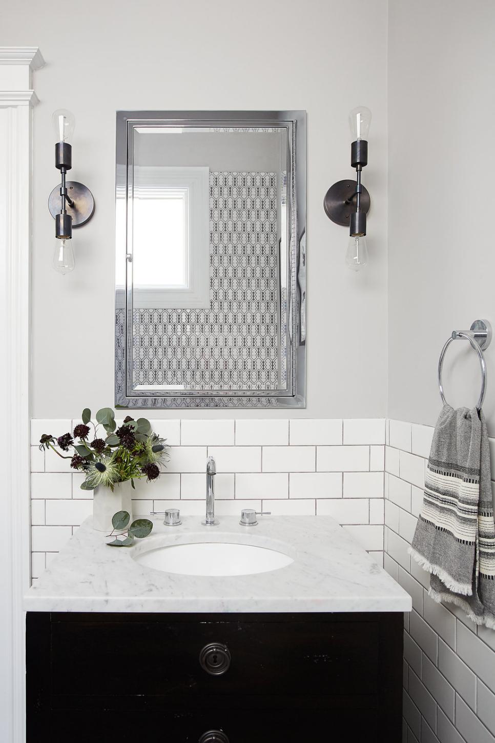 Black Vanity And Tile Backsplash, Tile Backsplash Bathroom