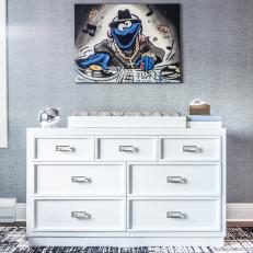 Cookie Monster DJ Painting Above Midcentury Modern Dresser