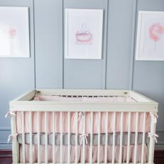 White Crib With Pink Bedding in Glamorous Gray Nursery