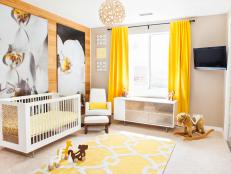 Bright Nursery With White Crib, Mural and Yellow Curtains