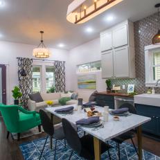Contemporary Neutral Kitchen/Living Room with Bright Green Armchair 