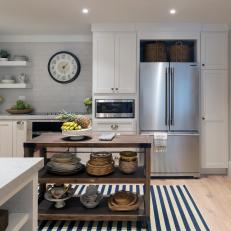 Rustic Kitchen Island and Blue Striped Rug in Neutral, Country Kitchen