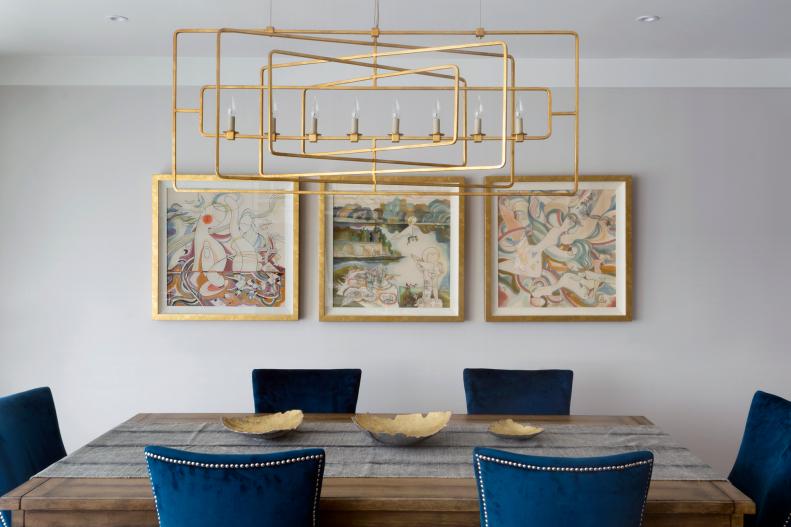 Blue and Brass Details in Glamorous Dining Room 
